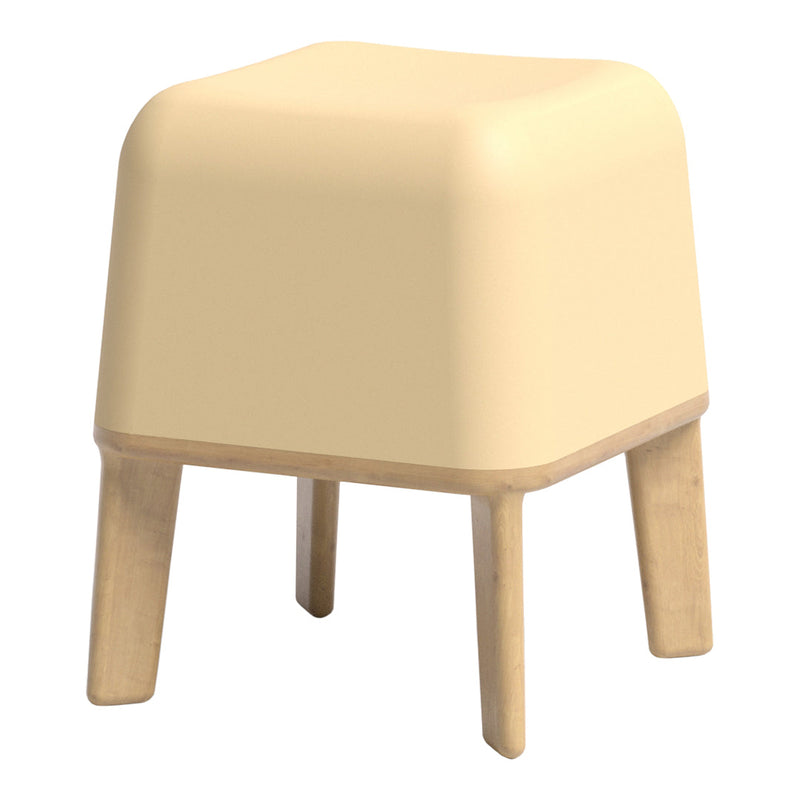 Cream-colored stool with a smooth, rounded design and natural wood legs, perfect for any modern decor.