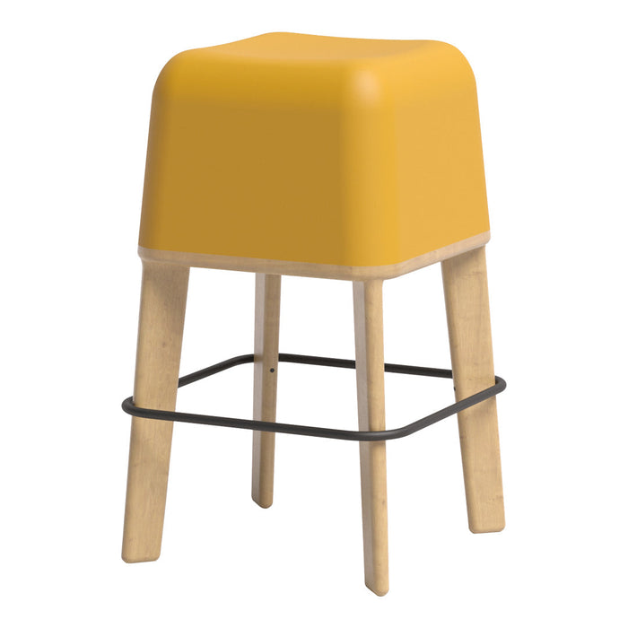 Yellow square stool with natural wood legs and a black footrest, perfect for modern decor.