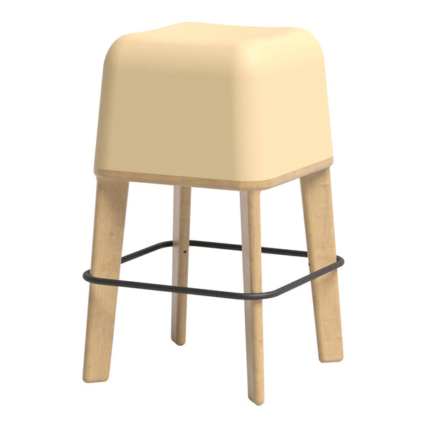 Light yellow modern stool with a sleek design and natural wooden legs, featuring a minimalist black support ring.