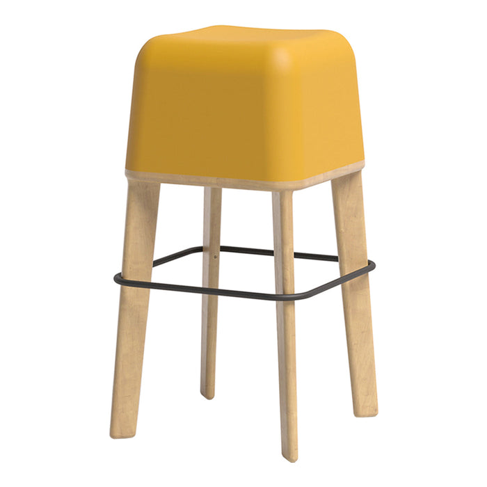 Yellow cube-top stool with natural wood legs and a black metal footrest. Modern, minimalist design for contemporary spaces.