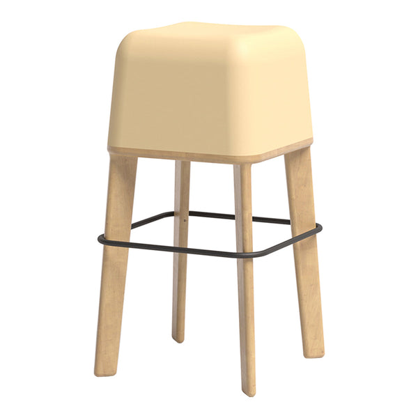 Beige modern stool with a smooth, rounded top and natural wood legs, featuring a sleek black footrest.