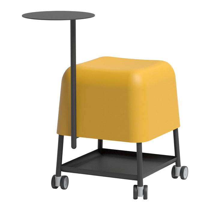 Modern yellow stool with black metal accents and a side table, featuring a sleek, minimalist design.