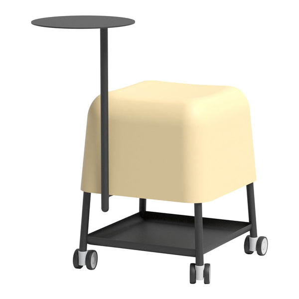 Minimalist beige stool with a sleek black metal frame and a side table, featuring smooth surfaces and modern lines.