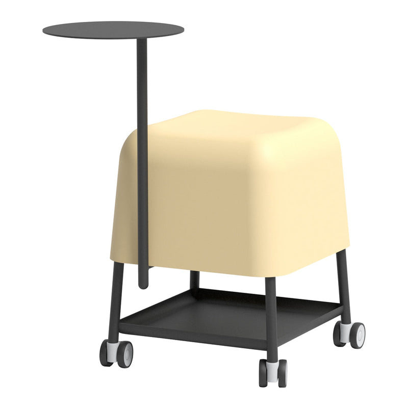 Minimalist beige stool with a sleek black metal frame and a side table, featuring smooth surfaces and modern lines.
