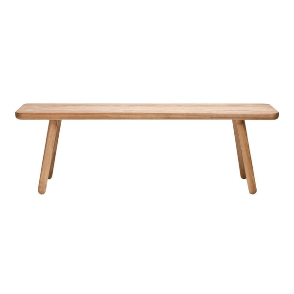 Natural wood bench with a light oak finish and smooth, minimalist design featuring straight lines and tapered legs.