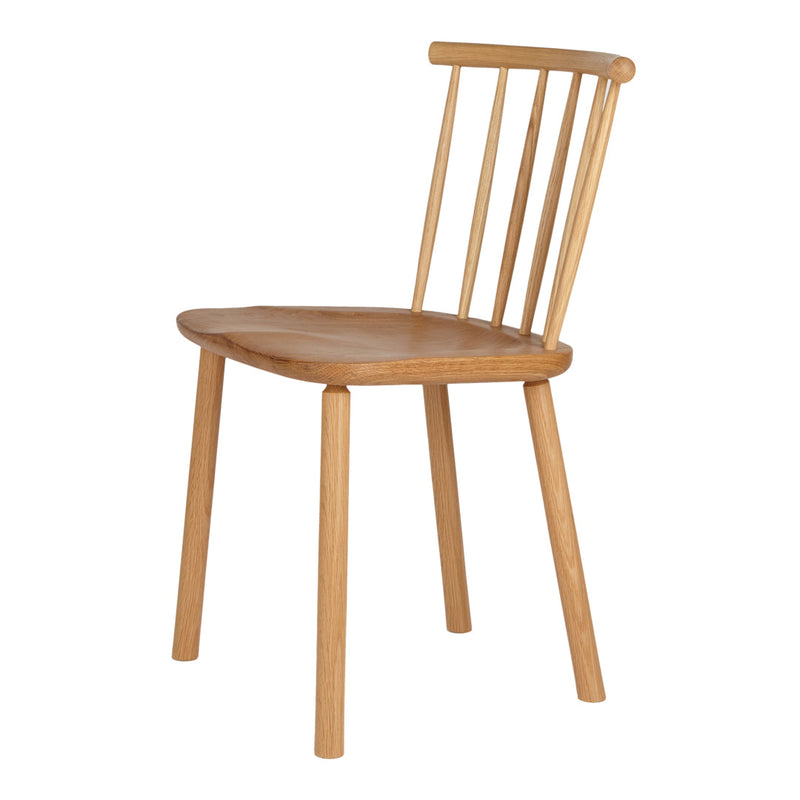Natural oak wood dining chair with a smooth finish and classic slatted back design, showcasing warm tones and simple elegance.