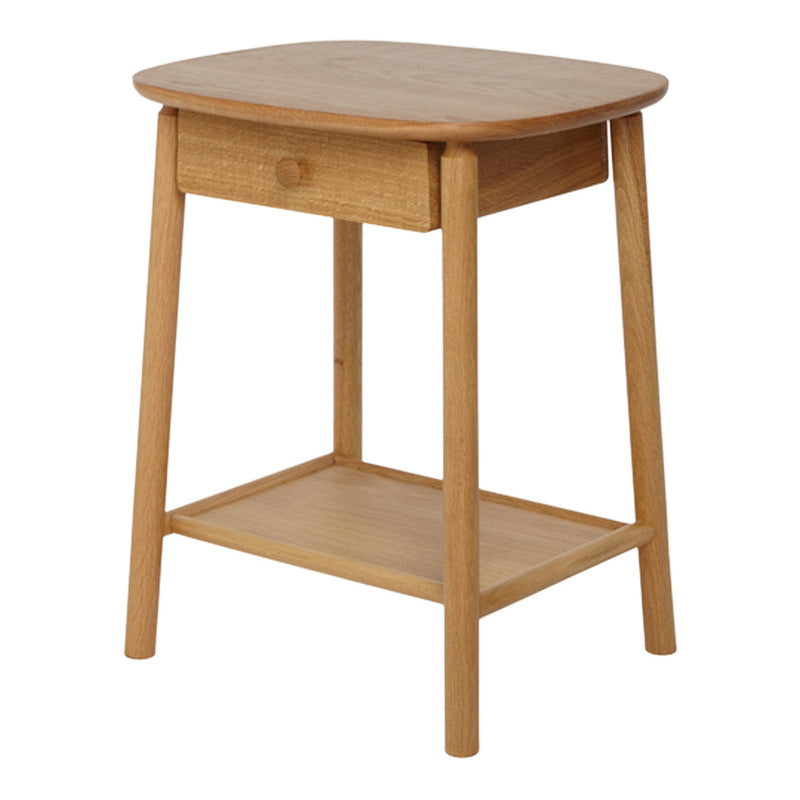 Natural wood nightstand with a smooth finish, featuring a rounded top and simple design. Timeless light oak color.