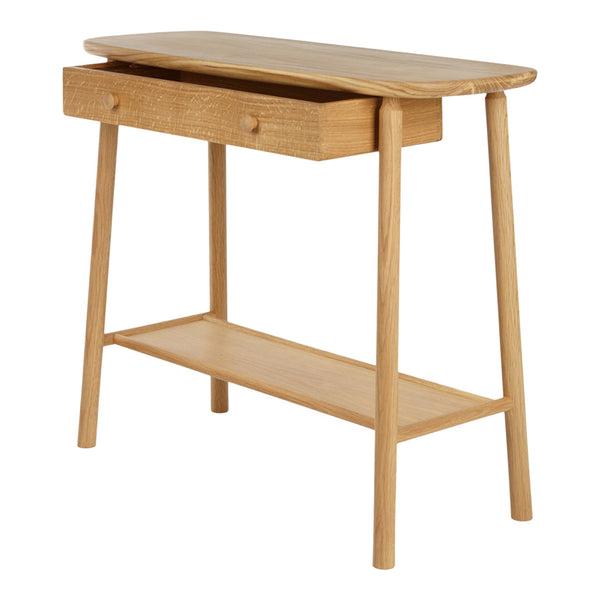 Light oak console table with a smooth finish, featuring a minimalistic design and natural wood grain pattern.