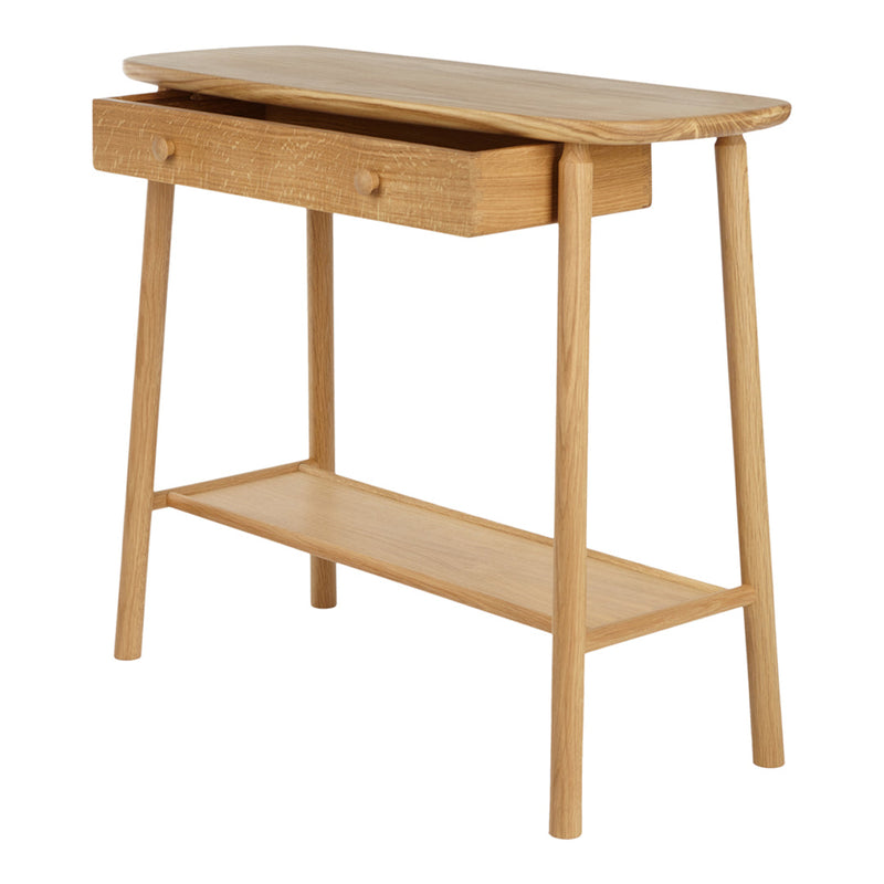 Light oak console table with a smooth finish, featuring a minimalistic design and natural wood grain pattern.