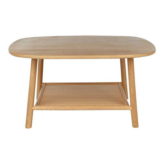 Natural wood coffee table with a smooth, light oak finish and simple design, featuring a lower shelf for added storage.