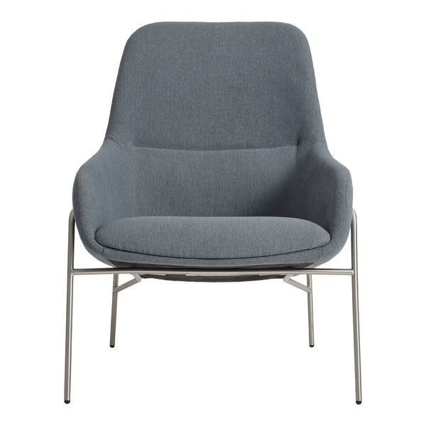 Gray upholstered chair with a smooth texture and minimalist silver metal frame. Simple, modern design.