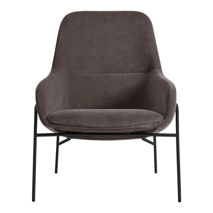 Cozy gray upholstered chair with smooth fabric and sleek black metal legs, perfect for modern decor.