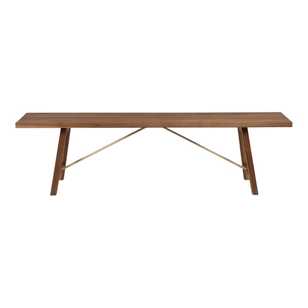 Modern wooden bench in rich brown with minimalist design and sleek golden accents. Perfect for contemporary spaces.