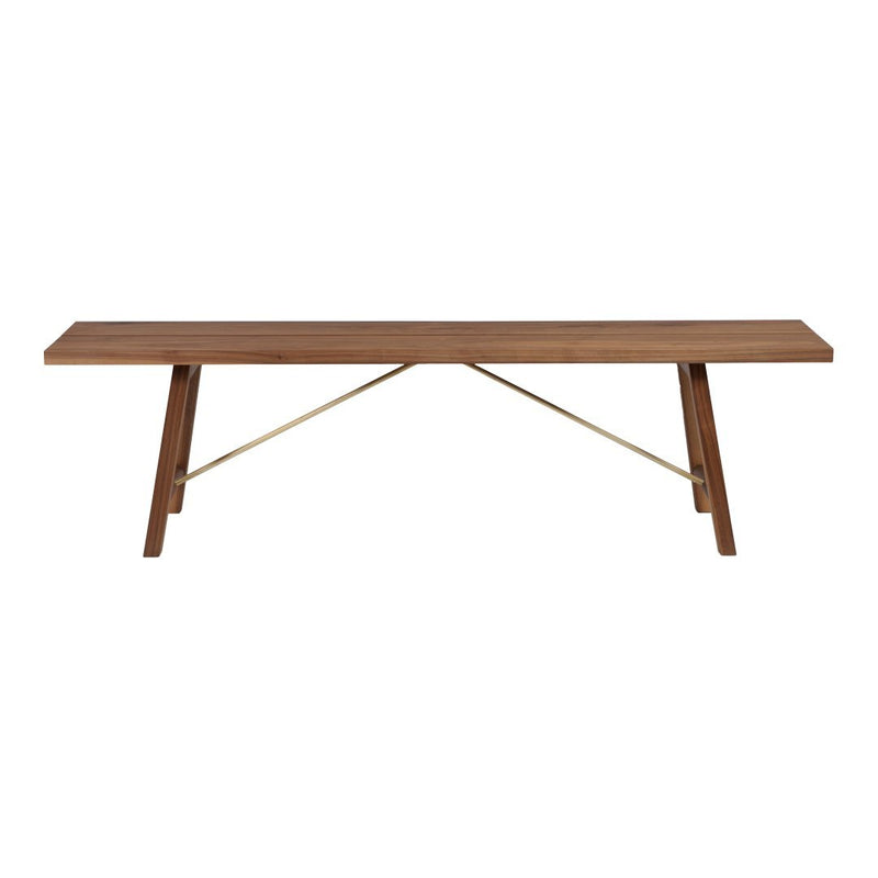 Modern wooden bench in rich brown with minimalist design and sleek golden accents. Perfect for contemporary spaces.