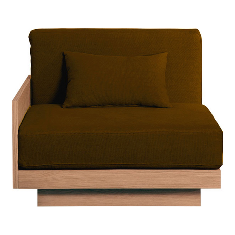 Brown textured upholstery with a matching pillow on a minimalist wooden frame. Perfect for modern living spaces.