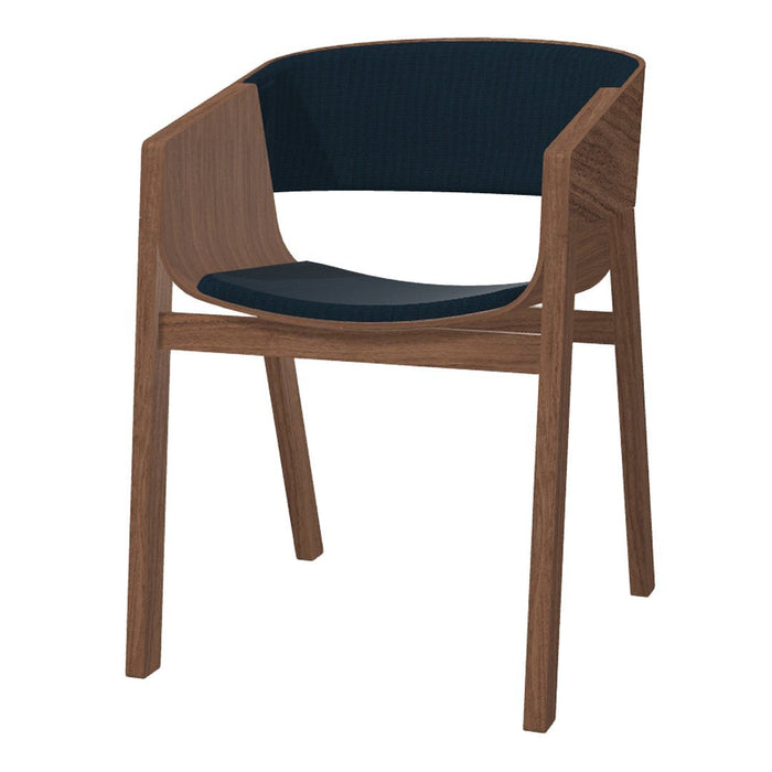 Wooden chair with a walnut finish and a solid navy blue seat. Modern, minimalistic design and clean lines.