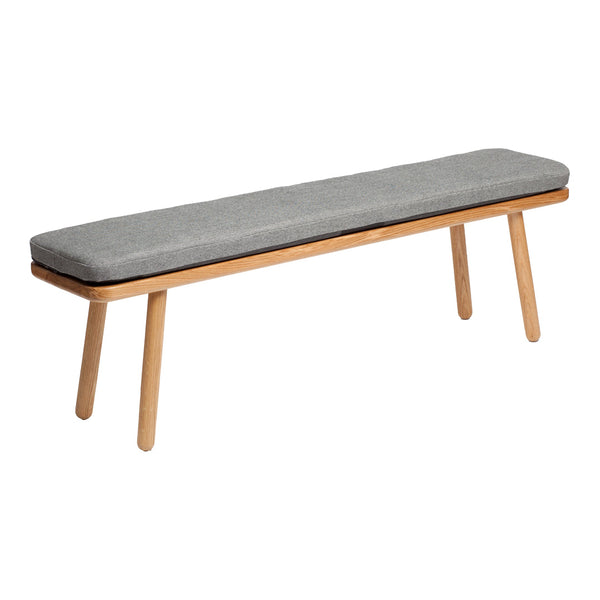 Gray upholstered bench with a natural wood base, featuring a simple and modern design. Perfect for any space.