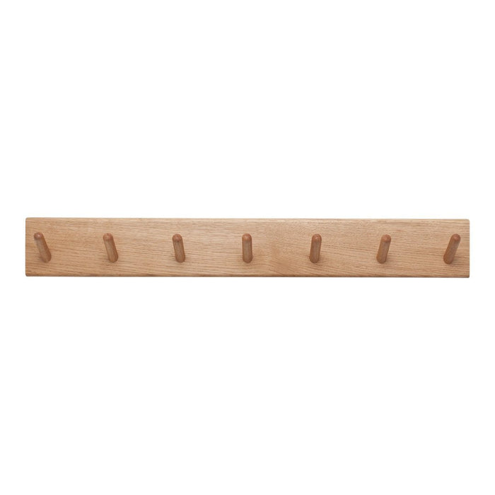 Natural wood wall hook rack with a light finish and six evenly spaced, cylindrical hooks. Perfect for stylish organization.