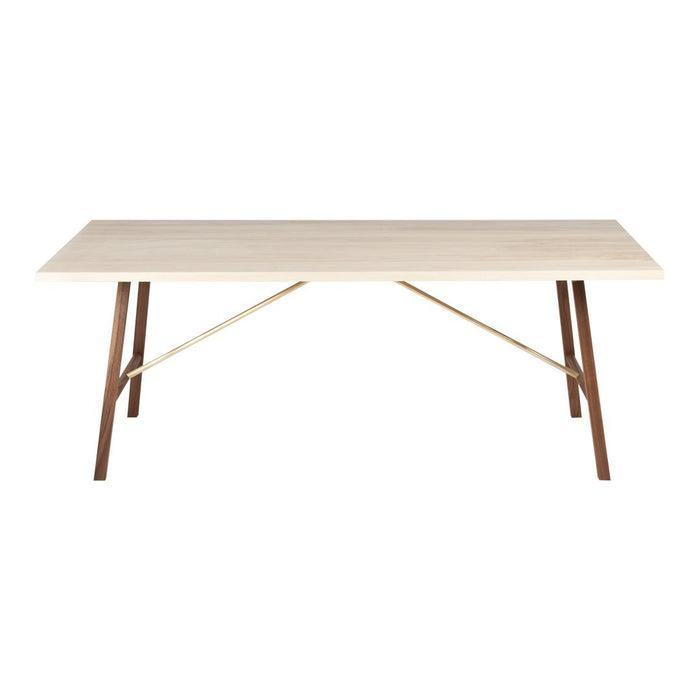 Light wood tabletop with a smooth finish, paired with dark wooden legs and minimalistic, modern design.
