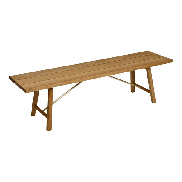 Natural wood-colored bench with slatted design and clean, minimalist lines. Ideal for modern decor.