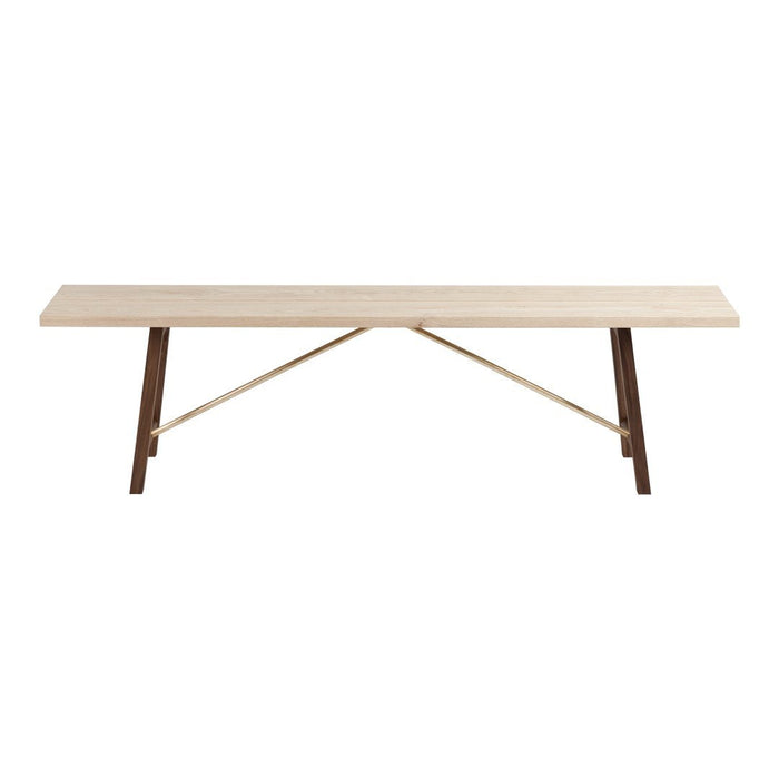 Light wooden tabletop with natural textures and dark wood legs in a minimalist design.