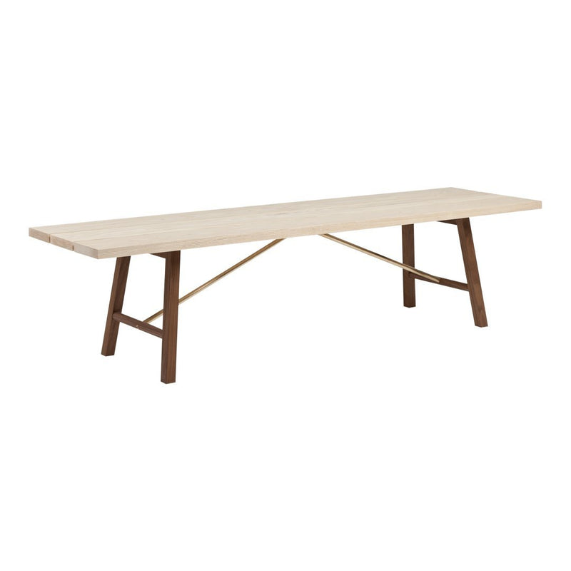 Light beige tabletop with natural wood grain, supported by dark brown, angular legs for a modern, minimalist look.