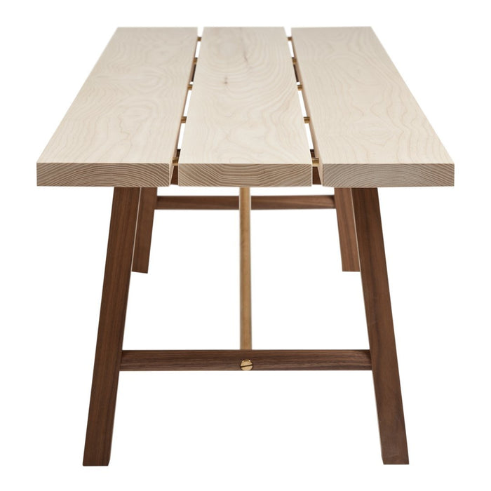 Light wood tabletop with natural grain, featuring a dark brown wooden base for a modern, rustic contrast.