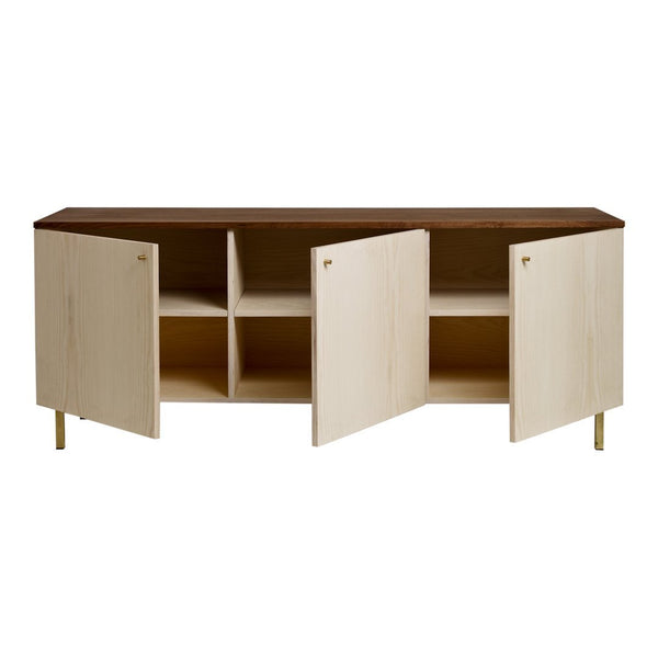 Modern cabinet featuring a light wood finish with a dark brown top and minimalist gold accents. Stylish and functional design.