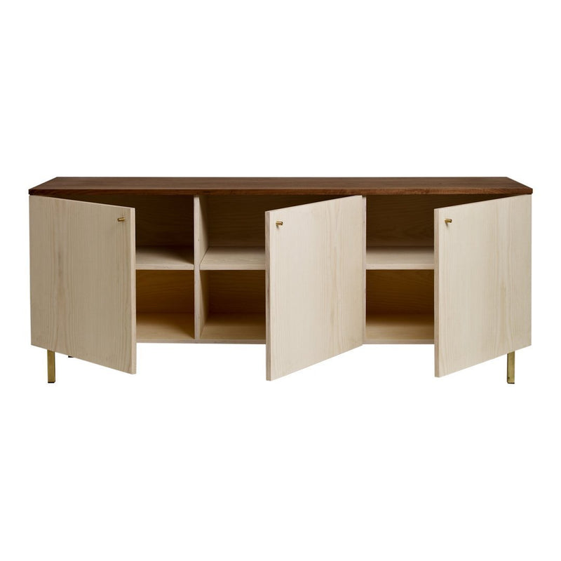 Modern cabinet featuring a light wood finish with a dark brown top and minimalist gold accents. Stylish and functional design.