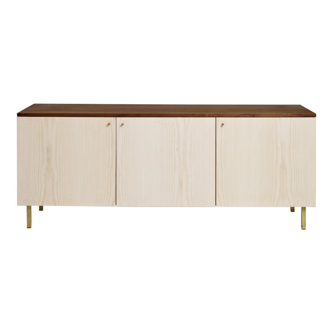 Light wood sideboard with a dark brown top and gold accents, featuring a minimalist design and smooth finish.
