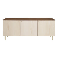 Light wood sideboard with a dark brown top and gold accents, featuring a minimalist design and smooth finish.
