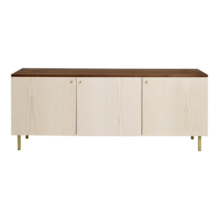 Light wood sideboard with a dark brown top and gold accents, featuring a minimalist design and smooth finish.
