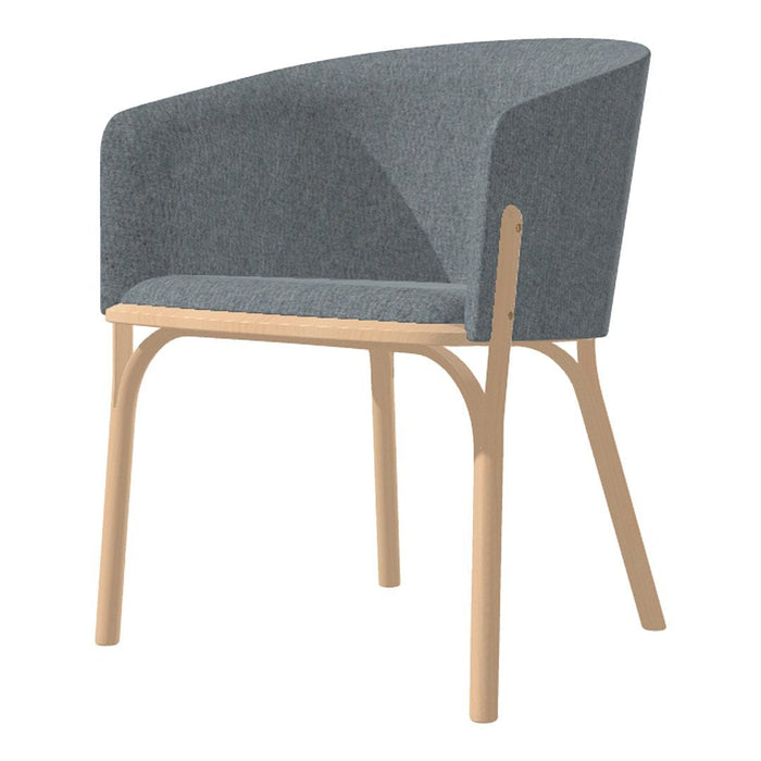 Stylish gray upholstered chair with smooth wood legs, featuring a minimalist design and curved silhouette.