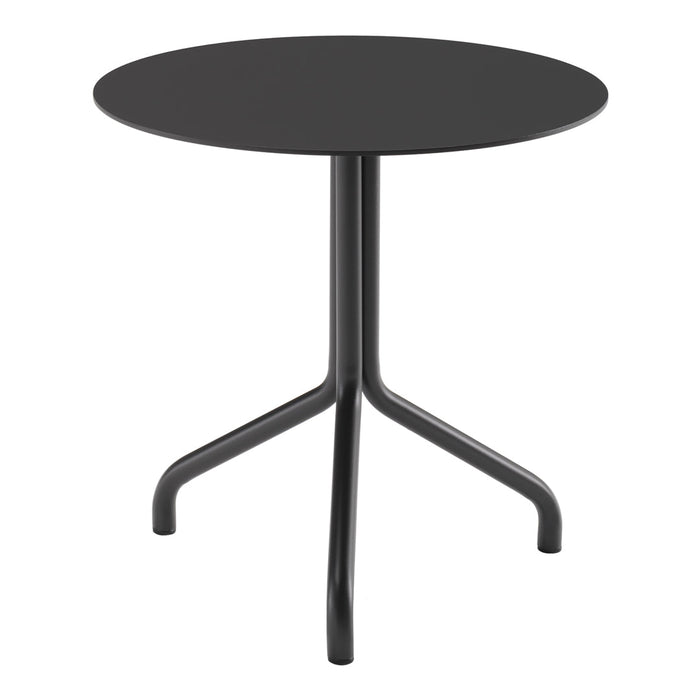 Round black table with a sleek, minimalist design and a matte finish. Ideal for modern decor.