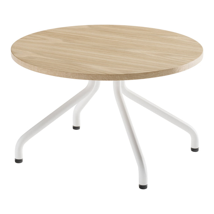 Round wooden coffee table with a light oak finish and white metal legs, creating a modern and minimalist design.