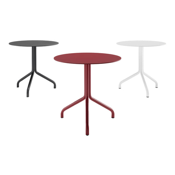 Set of three round tables in black, red, and white with sleek, minimalist designs and smooth surfaces.