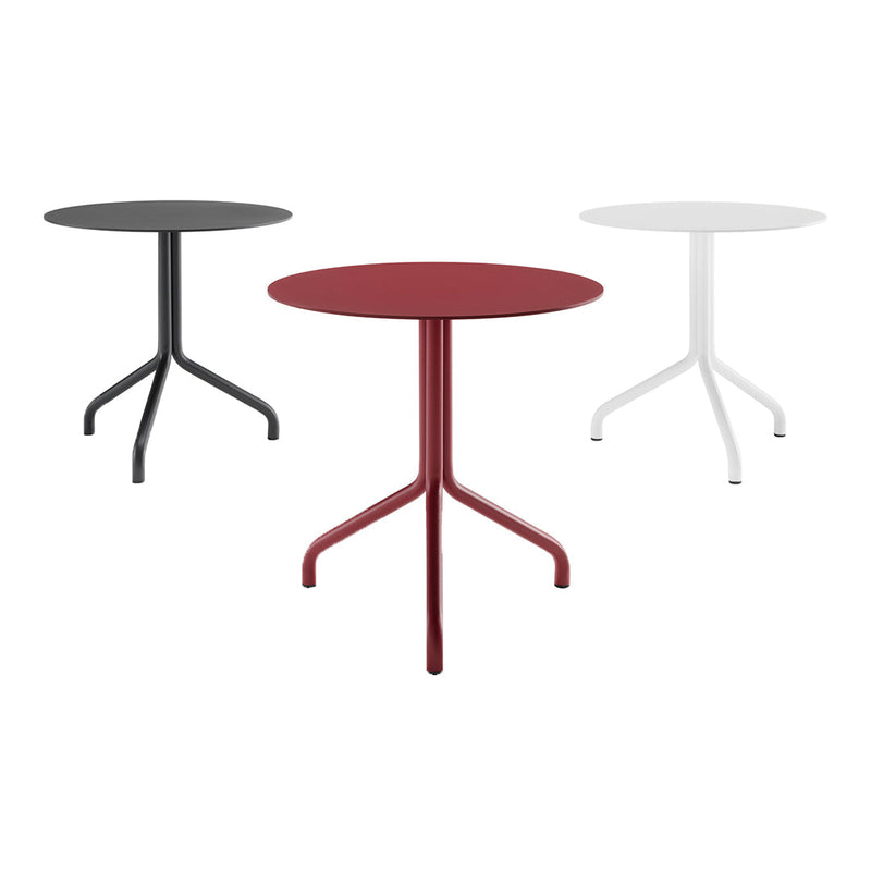 Set of three round tables in black, red, and white with sleek, minimalist designs and smooth surfaces.