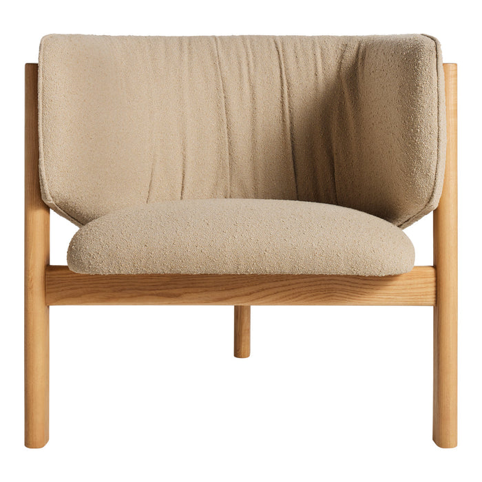 Beige upholstered chair with a textured fabric and natural wood frame, perfect for a minimalist interior design.