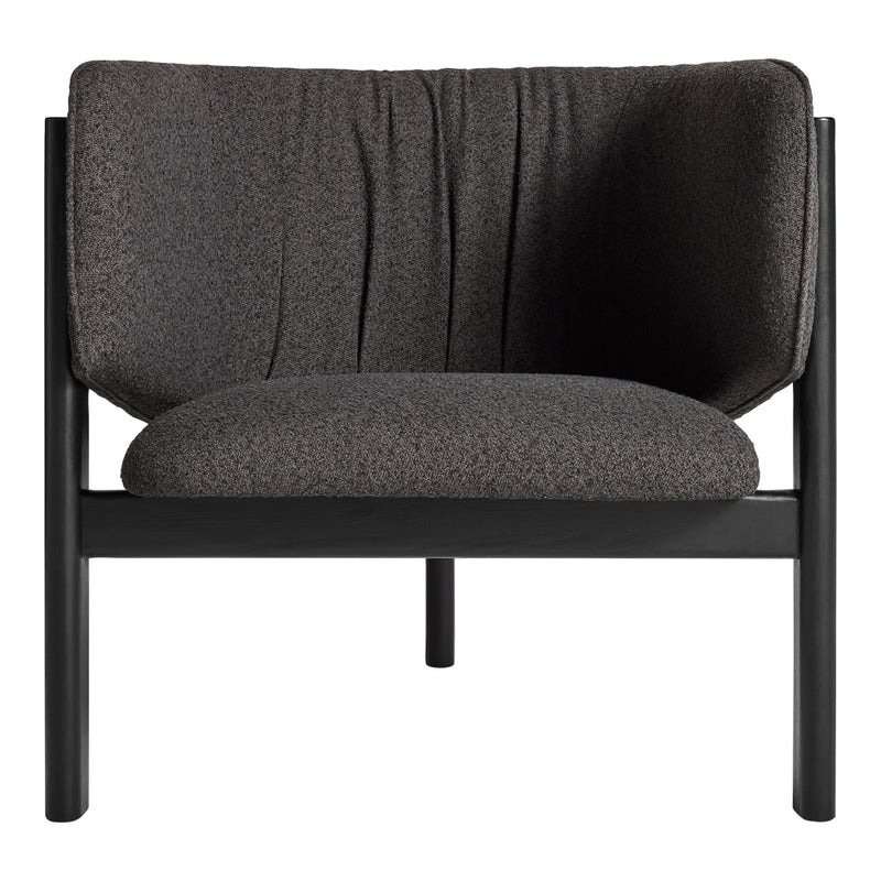 Stylish dark gray armchair featuring textured fabric and a minimalist black frame. Perfect for modern interiors.