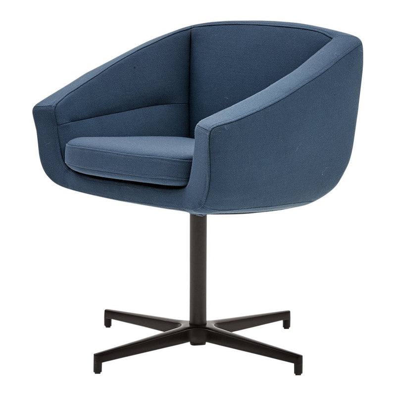 Modern blue upholstered chair with a smooth texture and sleek black metal base, perfect for stylish decor.