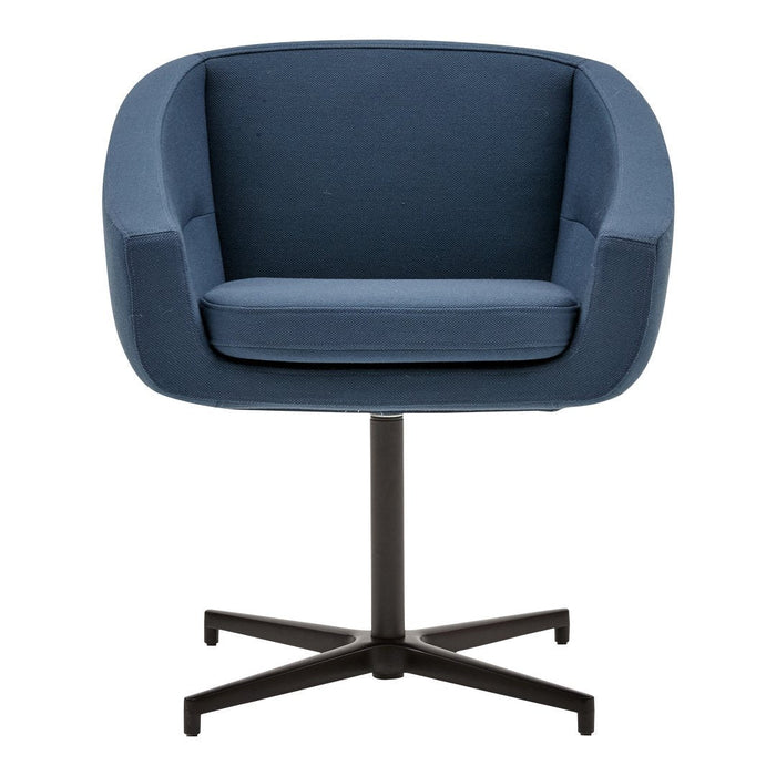 Blue upholstered armchair with a sleek black swivel base, featuring a modern, minimalist design.