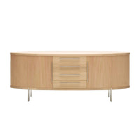 Light wood grain sideboard with smooth metallic accents and sleek, curved design. Perfect for modern decor.