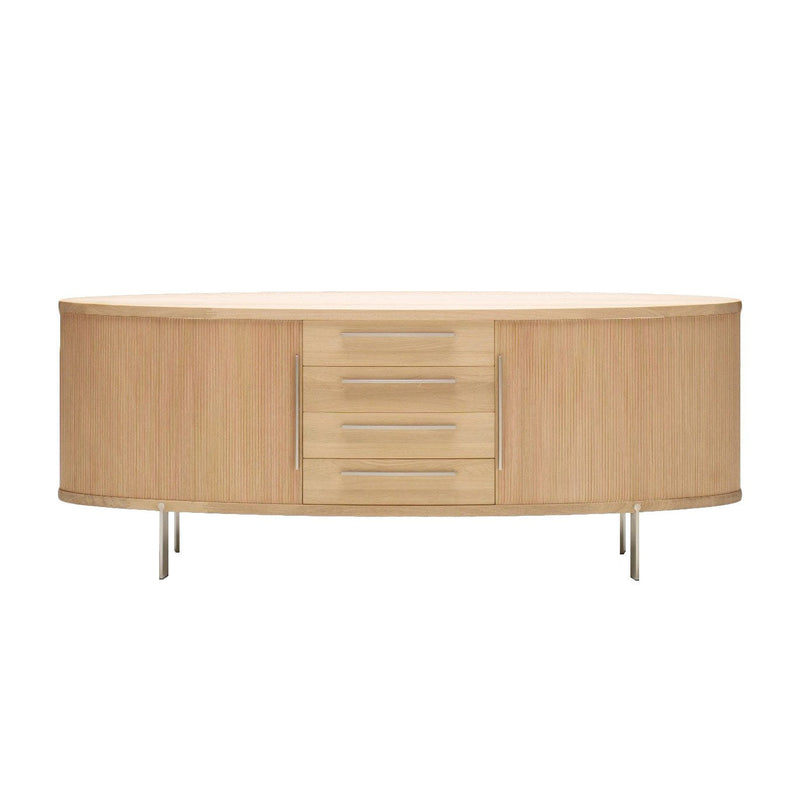 Light wood grain sideboard with smooth metallic accents and sleek, curved design. Perfect for modern decor.