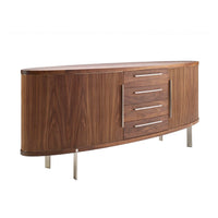 Wooden console table in rich walnut finish with sleek silver handles and a curved design. Modern and elegant home decor.