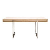 Light wood desk with a smooth surface, featuring minimalist silver metal legs and two sleek drawers.