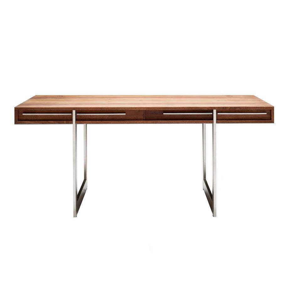 Modern wooden desk with a rich walnut finish and sleek stainless steel legs. Simple, elegant lines, and minimalist design.