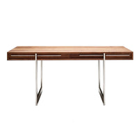 Modern wooden desk with a rich walnut finish and sleek stainless steel legs. Simple, elegant lines, and minimalist design.