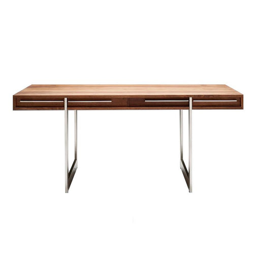 Modern wooden desk with a rich walnut finish and sleek stainless steel legs. Simple, elegant lines, and minimalist design.