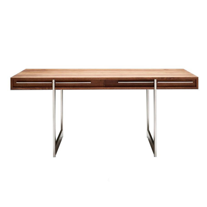 Modern wooden desk with a rich walnut finish and sleek stainless steel legs. Simple, elegant lines, and minimalist design.