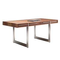Modern wooden desk with a warm walnut finish and sleek stainless steel legs, showcasing smooth, minimalist design.